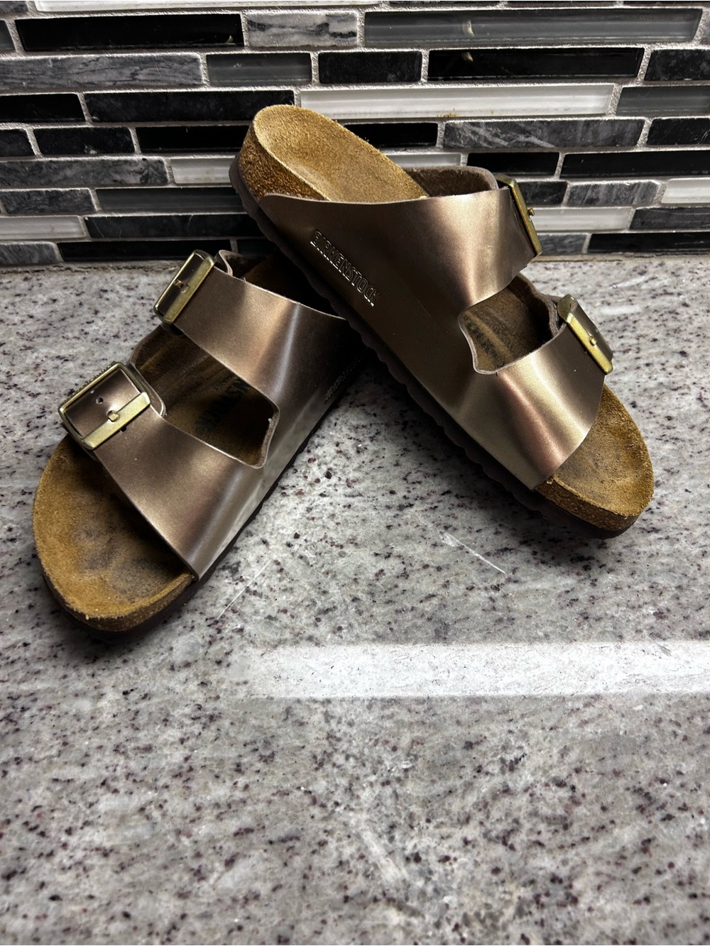 Birkenstock Metallic Bronze Double Buckle Slide Sandals size 6
